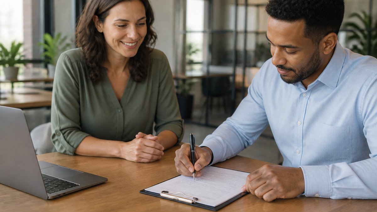 Job applicant signing a pre-employment screening consent form at a desk with a hiring manager