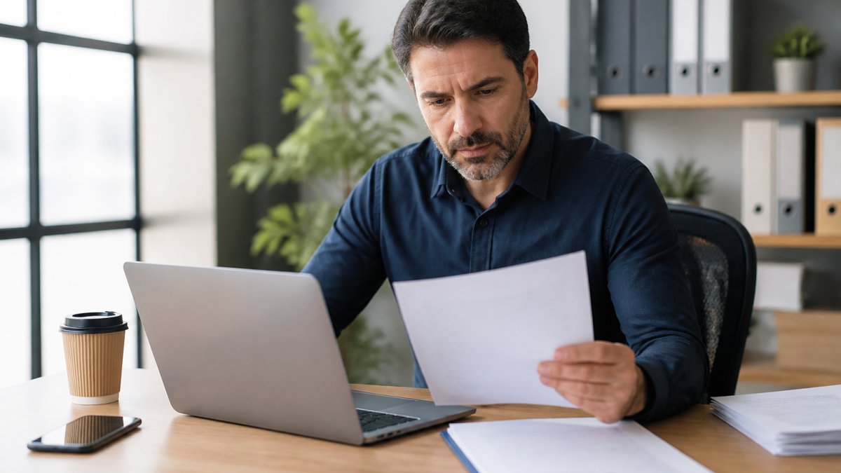 Small business owner reviewing hiring paperwork on a laptop with no minimums for background checks