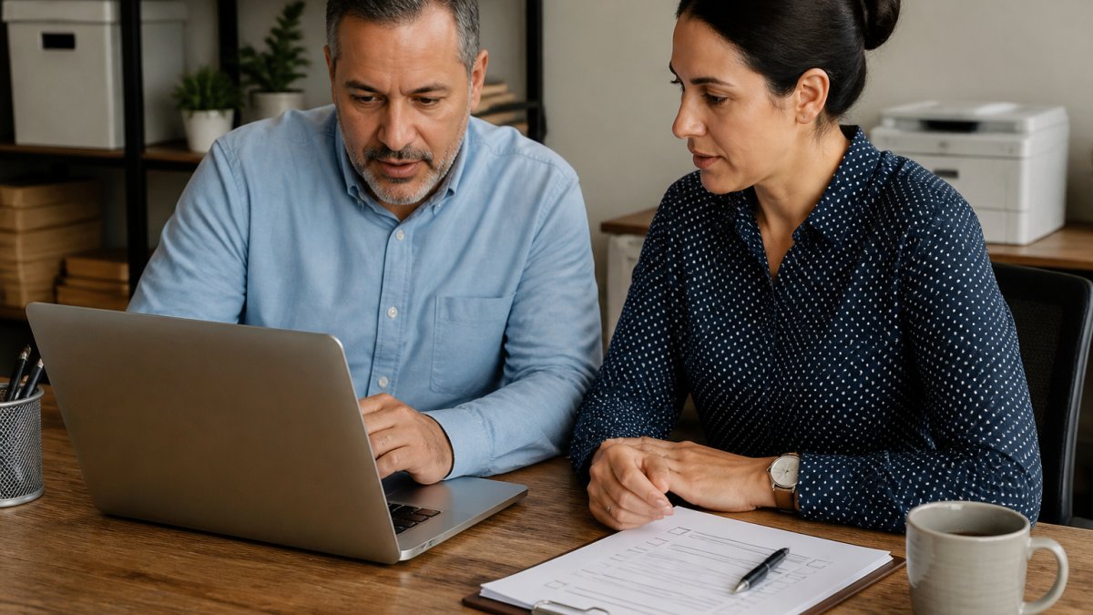 Business owner and HR staff checking a background screening dashboard on a laptop in an office.
