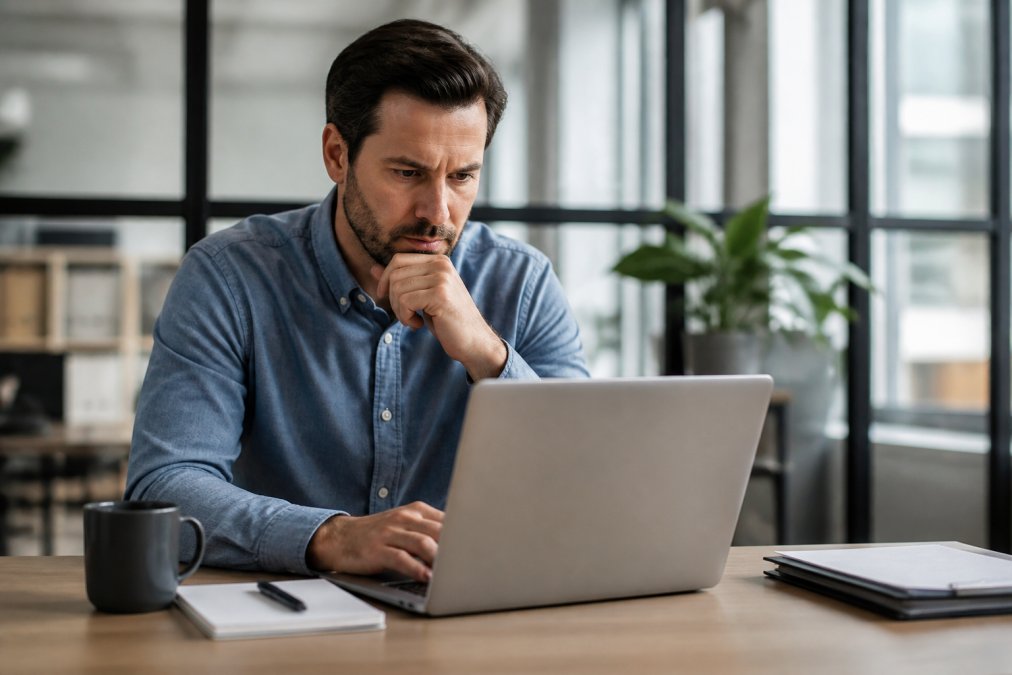 Small business owner reviewing a background check report on a laptop as a reliable Checkr alternative