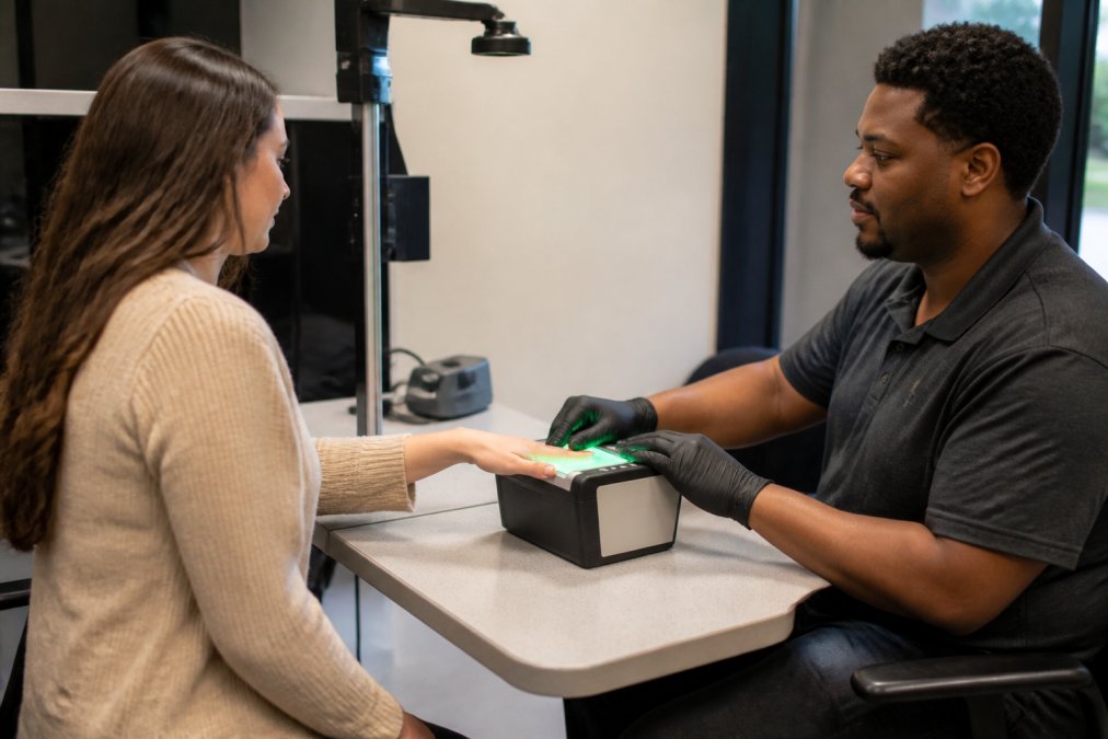A technician assisting an applicant with digital fingerprinting services at a modern Live Scan station.
