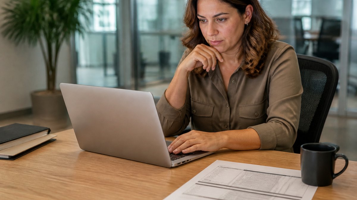 HR manager reviewing background screening reports on a laptop in a bright office, with a printed comparison sheet and a coffee cup on the desk