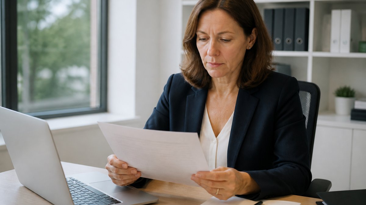 HR manager reviewing an FCRA compliant background screening report at an office desk