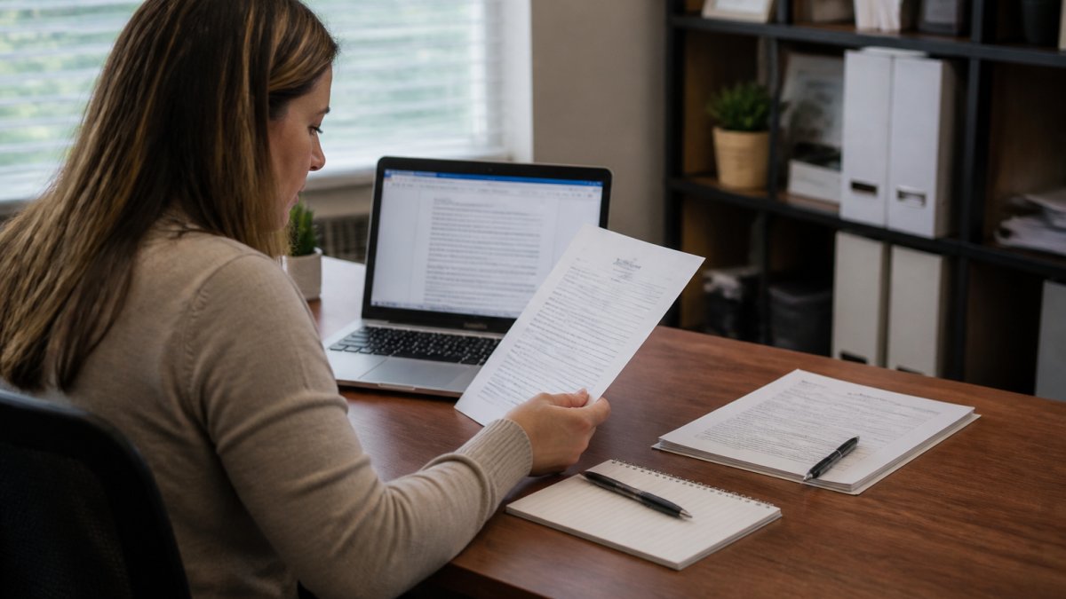 A property manager at a desk comparing a printed screening report against a laptop screen showing a court record search, with a rental application and notepad nearby in a bright office