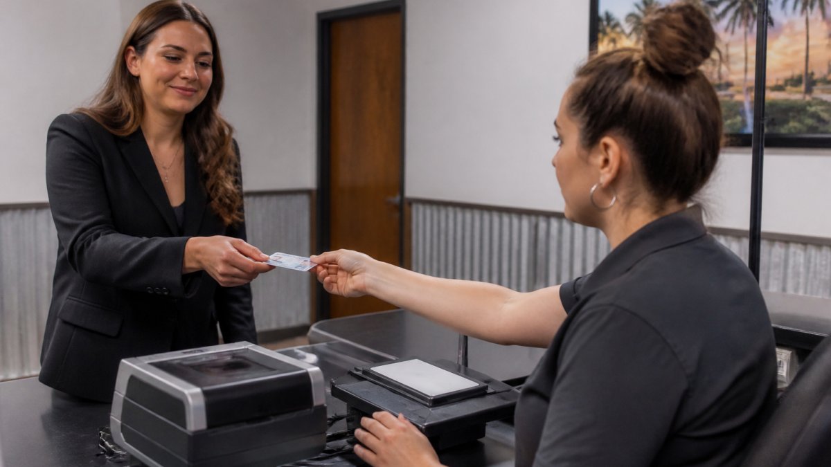 A professional applicant at a LiveScan service desk handing over a government-issued ID to a technician seated at a fingerprint capture device in a clean, well-lit office