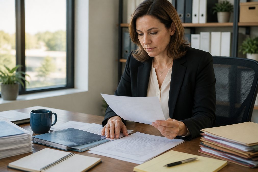 HR manager reviewing multi-state background check compliance documents on a laptop in a bright office.