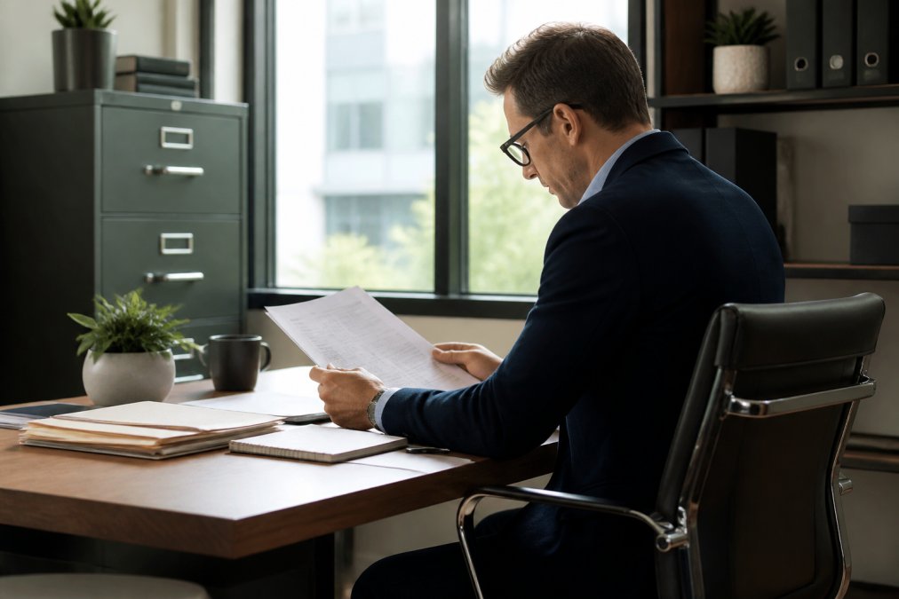 Hiring manager reviewing secure candidate data during applicant screening on a laptop in a private office