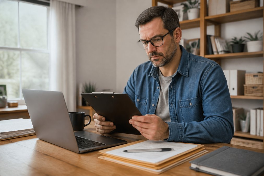 Landlord reviewing a tenant screening checklist on a clipboard at a desk